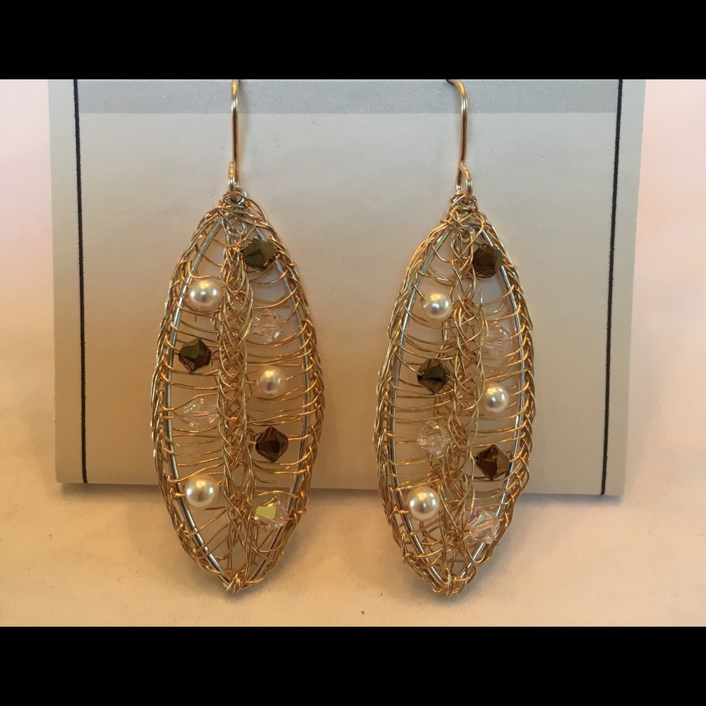 Gold Leaf shaped Earrings with pearls and crystals, Handmade